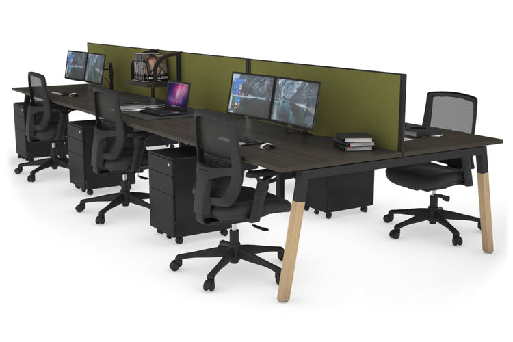 Quadro A Leg 6 Person Office Workstations - Wood Leg Cross Beam [1200L x 800W with Cable Scallop] Jasonl black leg dark oak green moss (500H x 1200W)