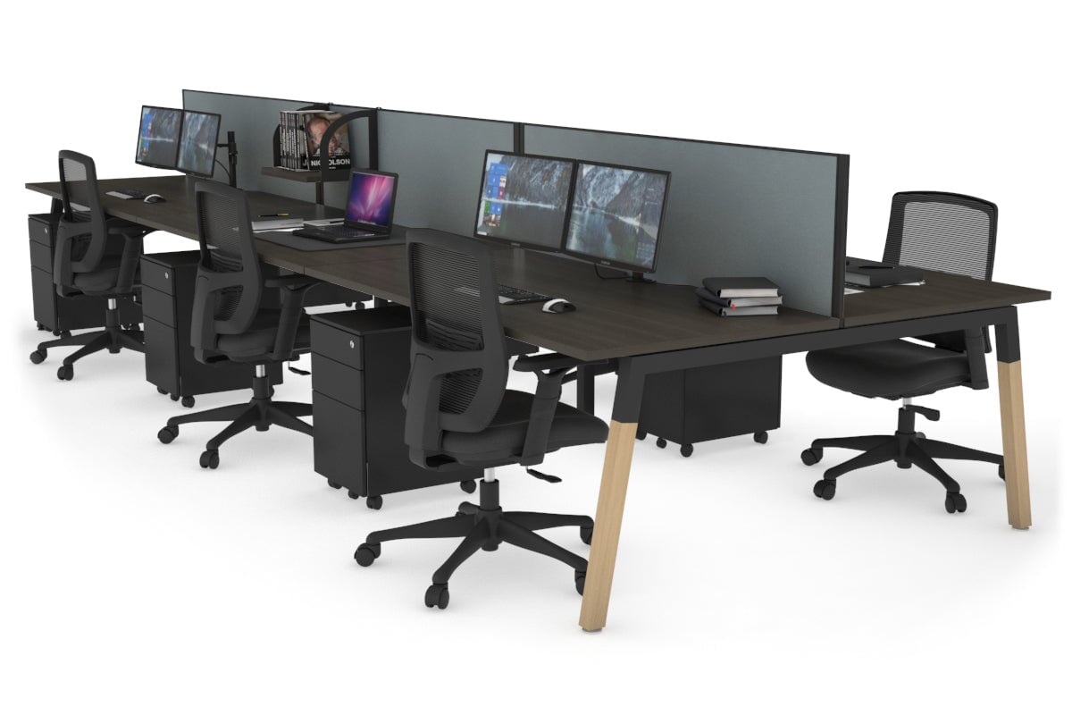 Quadro A Leg 6 Person Office Workstations - Wood Leg Cross Beam [1200L x 800W with Cable Scallop] Jasonl black leg dark oak cool grey (500H x 1200W)