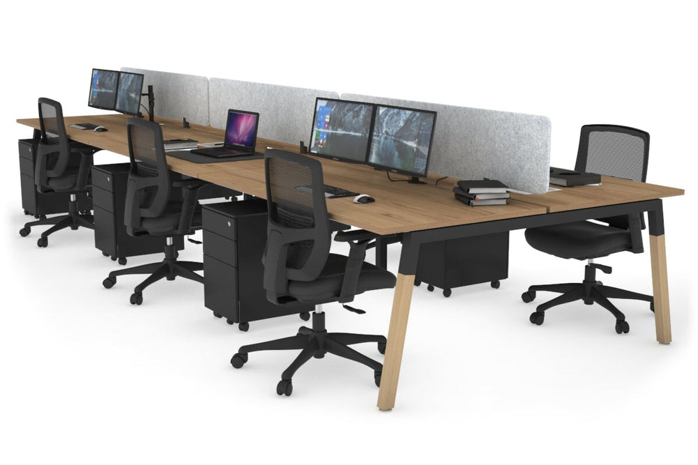 Quadro A Legs 6 Person Office Workstation - Wood Legs Cross Beam [1200L x 800W with Cable Scallop]-black leg salvage oak light grey acoustic panel (400H x 1200W)