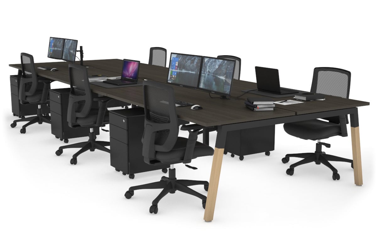 Quadro A Leg 6 Person Office Workstations - Wood Leg Cross Beam [1200L x 800W with Cable Scallop] Jasonl black leg dark oak none