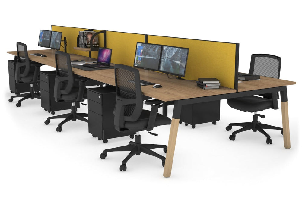 Quadro A Legs 6 Person Office Workstation - Wood Legs Cross Beam [1200L x 800W with Cable Scallop]-black leg salvage oak mustard yellow (500H x 1200W)