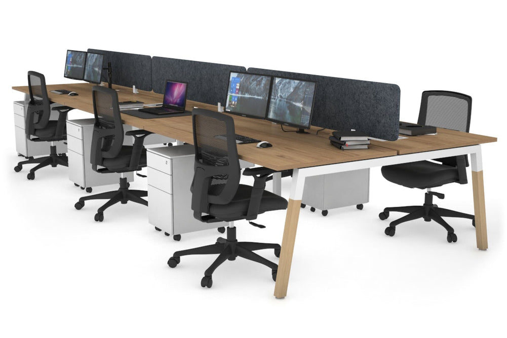 Quadro A Legs 6 Person Office Workstation - Wood Legs Cross Beam [1200L x 800W with Cable Scallop]-white leg salvage oak dark grey acoustic panel (400H x 1200W)