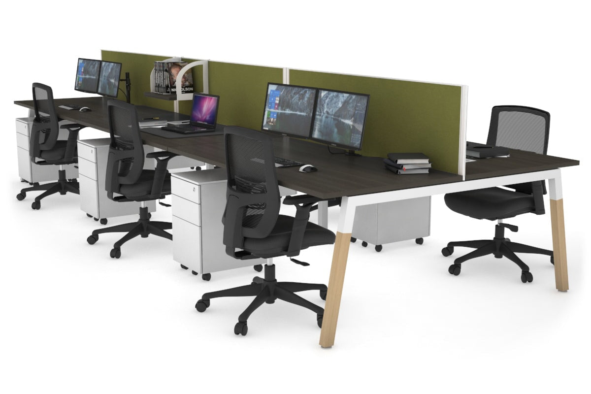 Quadro A Leg 6 Person Office Workstations - Wood Leg Cross Beam [1200L x 800W with Cable Scallop] Jasonl white leg dark oak green moss (500H x 1200W)