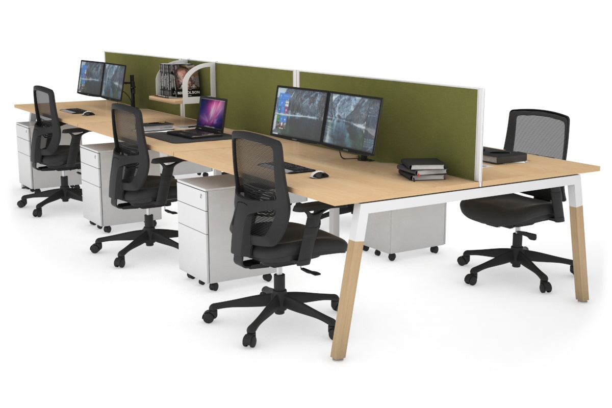 Quadro A Leg 6 Person Office Workstations - Wood Leg Cross Beam [1200L x 800W with Cable Scallop] Jasonl white leg maple green moss (500H x 1200W)