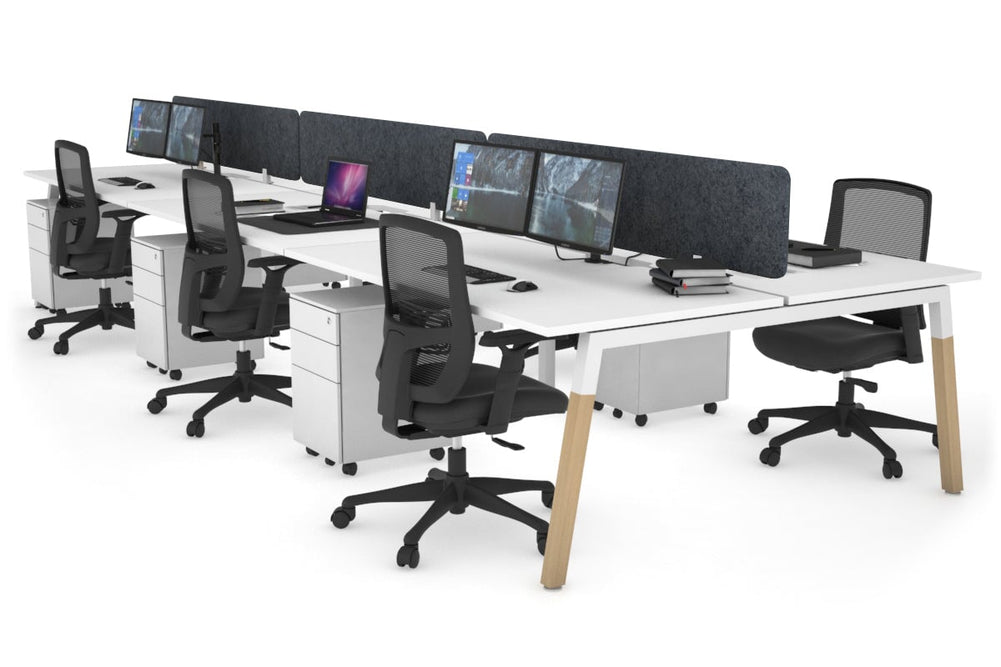 Quadro A Legs 6 Person Office Workstation - Wood Legs Cross Beam [1200L x 800W with Cable Scallop]-white leg white dark grey acoustic panel (400H x 1200W)