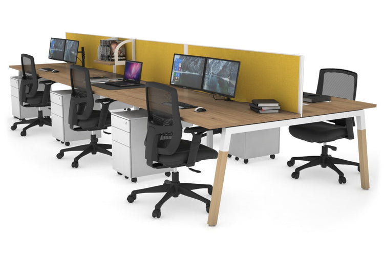 Quadro A Leg 6 Person Office Workstations - Wood Leg Cross Beam [1200L x 800W with Cable Scallop] Jasonl white leg salvage oak mustard yellow (500H x 1200W)