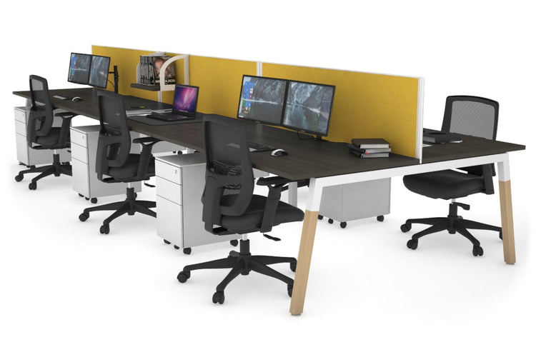 Quadro A Leg 6 Person Office Workstations - Wood Leg Cross Beam [1200L x 800W with Cable Scallop] Jasonl white leg dark oak mustard yellow (500H x 1200W)