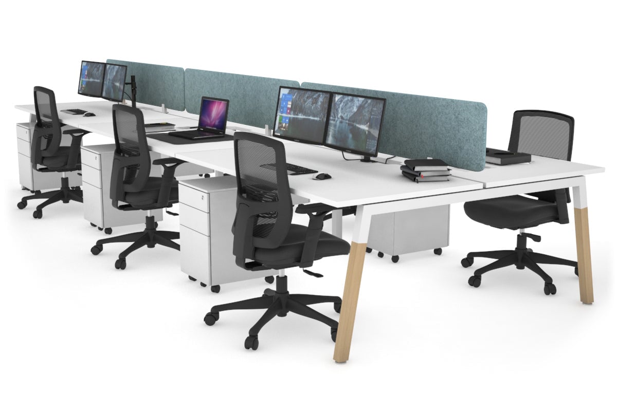 Quadro A Leg 6 Person Office Workstations - Wood Leg Cross Beam [1200L x 800W with Cable Scallop] Jasonl white leg white blue echo panel (400H x 1200W)