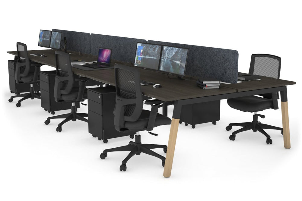 Quadro A Legs 6 Person Office Workstation - Wood Legs Cross Beam [1200L x 800W with Cable Scallop]-black leg dark oak dark grey acoustic panel (400H x 1200W)