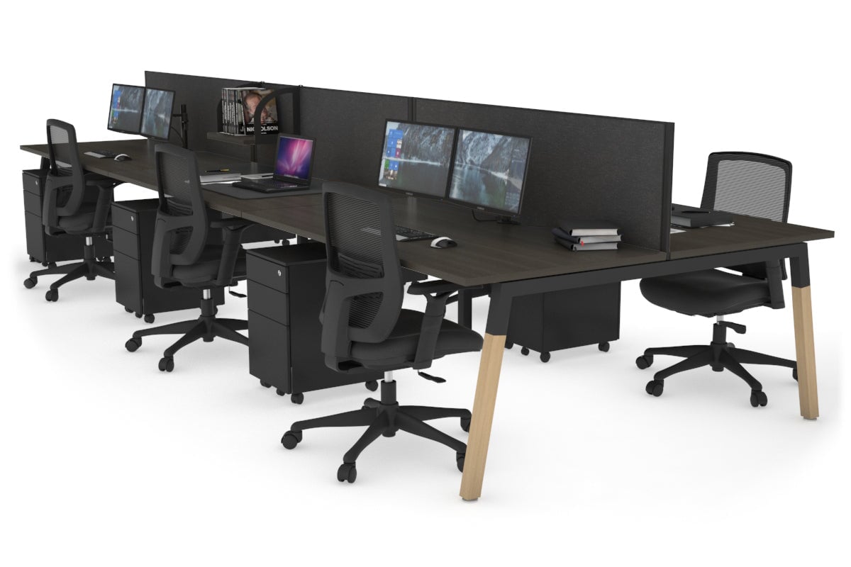 Quadro A Leg 6 Person Office Workstations - Wood Leg Cross Beam [1200L x 800W with Cable Scallop] Jasonl black leg dark oak moody charcoal (500H x 1200W)