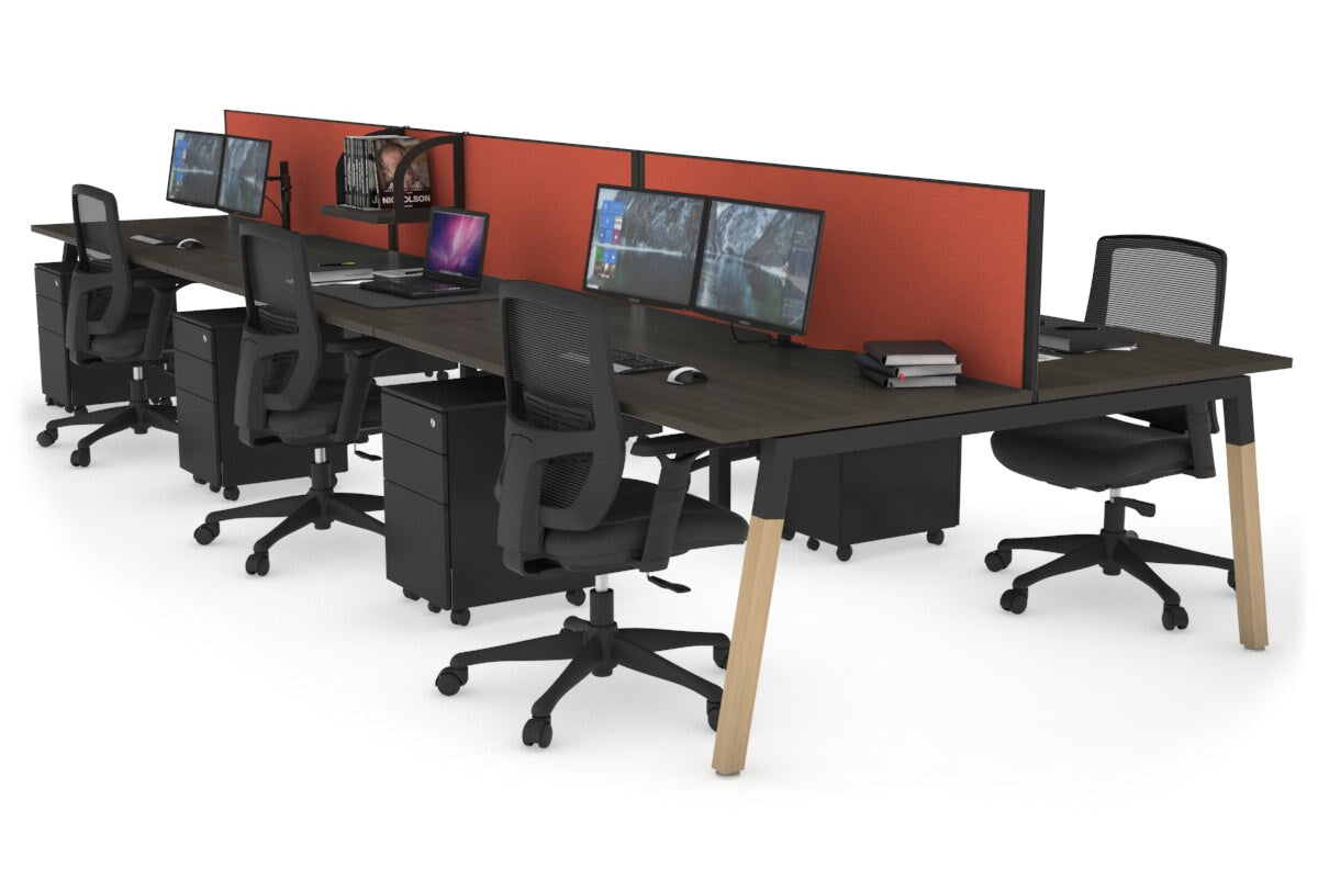 Quadro A Leg 6 Person Office Workstations - Wood Leg Cross Beam [1200L x 800W with Cable Scallop] Jasonl black leg dark oak orange squash (500H x 1200W)