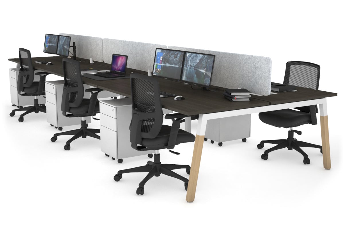 Quadro A Leg 6 Person Office Workstations - Wood Leg Cross Beam [1200L x 800W with Cable Scallop] Jasonl white leg dark oak light grey echo panel (400H x 1200W)