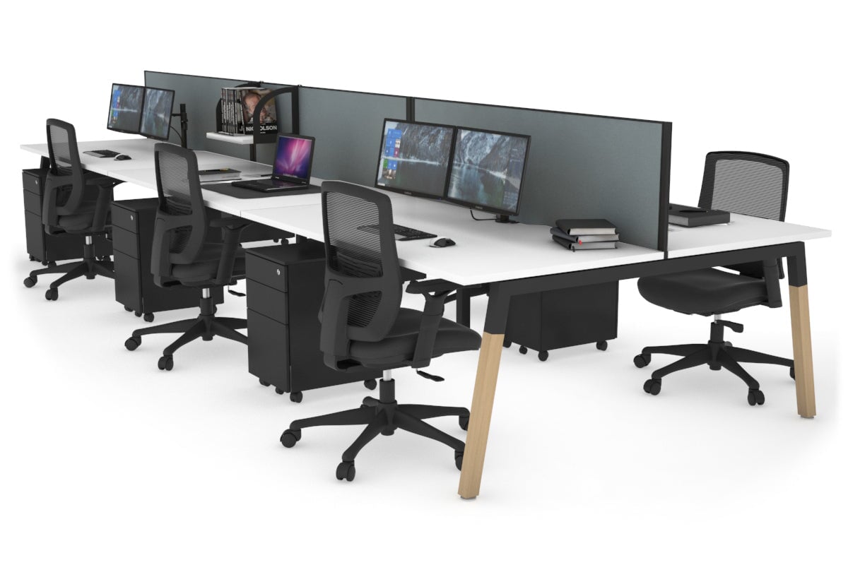 Quadro A Leg 6 Person Office Workstations - Wood Leg Cross Beam [1200L x 800W with Cable Scallop] Jasonl black leg white cool grey (500H x 1200W)
