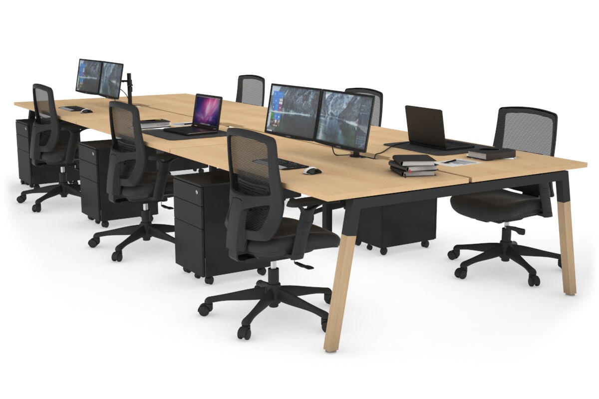 Quadro A Leg 6 Person Office Workstations - Wood Leg Cross Beam [1200L x 800W with Cable Scallop] Jasonl black leg maple none