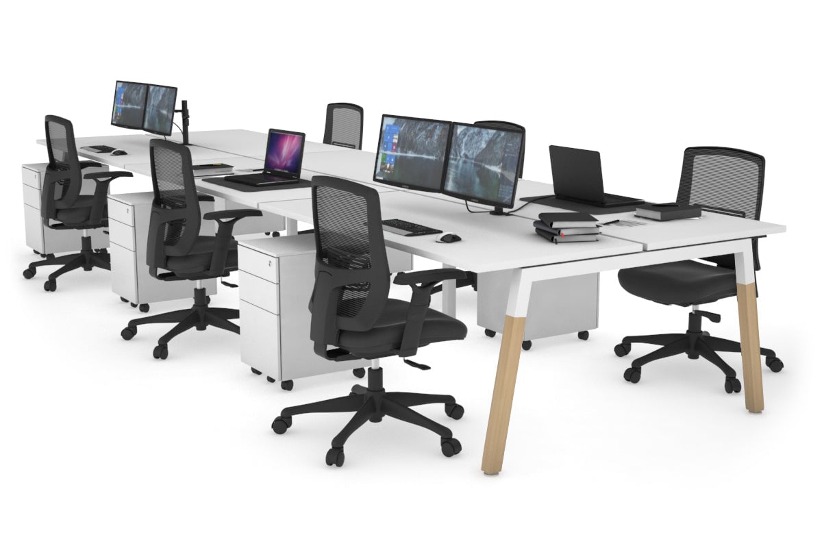 Quadro A Leg 6 Person Office Workstations - Wood Leg Cross Beam [1400L x 700W] Jasonl white leg white none