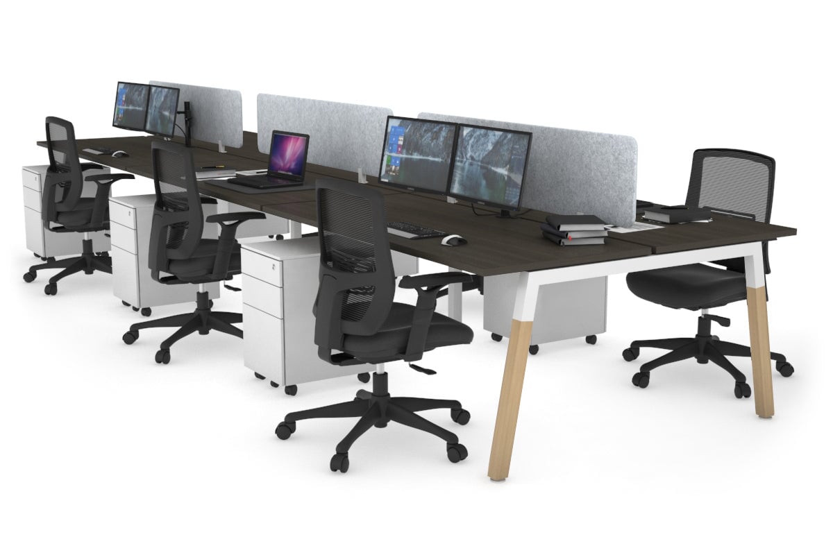 Quadro A Leg 6 Person Office Workstations - Wood Leg Cross Beam [1400L x 700W] Jasonl white leg dark oak light grey echo panel (400H x 1200W)