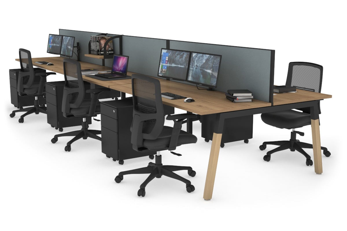 Quadro A Leg 6 Person Office Workstations - Wood Leg Cross Beam [1400L x 700W] Jasonl black leg salvage oak cool grey (500H x 1400W)