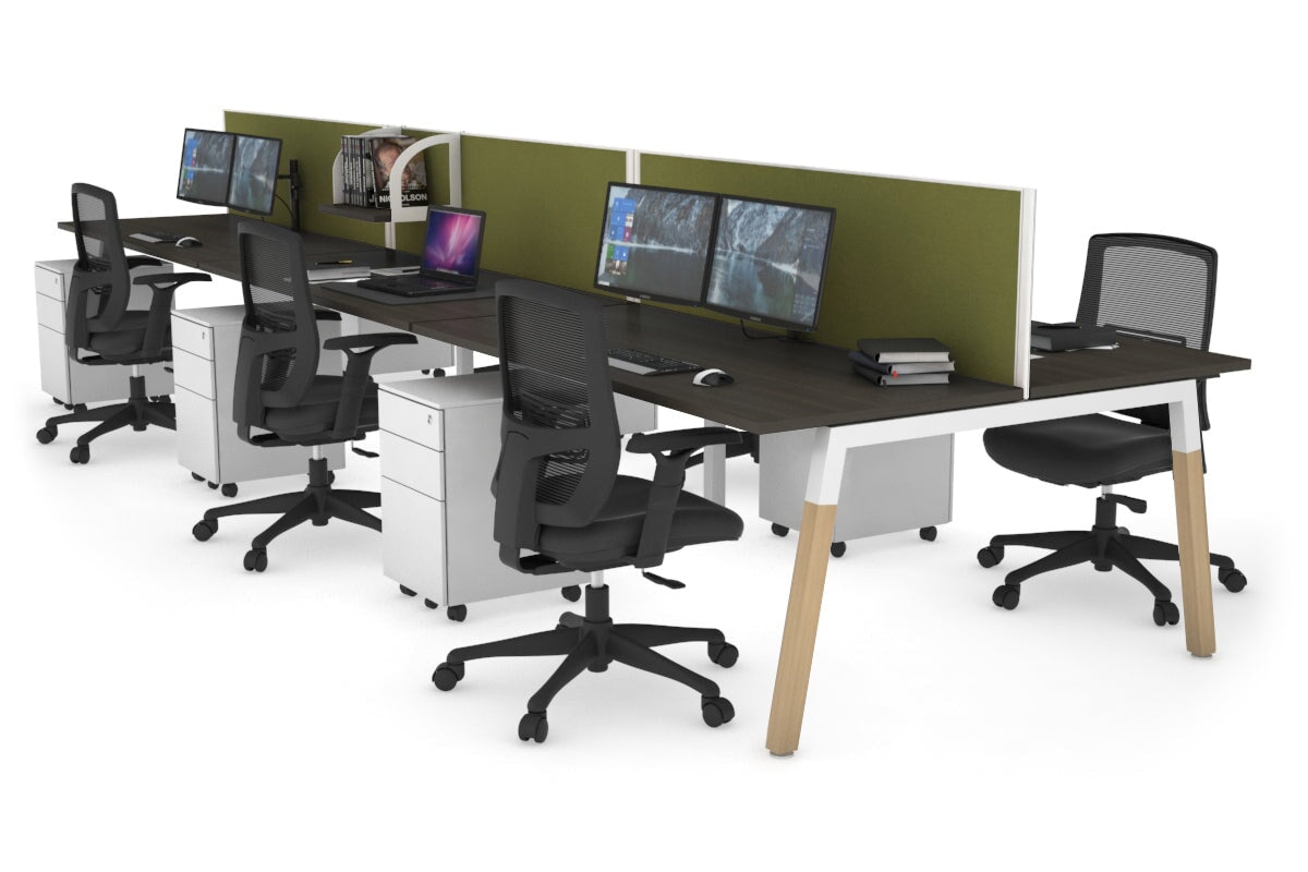 Quadro A Leg 6 Person Office Workstations - Wood Leg Cross Beam [1400L x 700W] Jasonl white leg dark oak green moss (500H x 1400W)