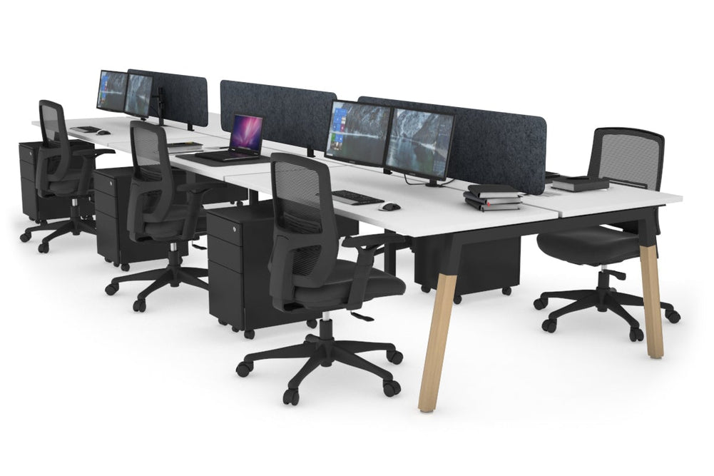 Quadro A Legs 6 Person Office Workstation - Wood Legs Cross Beam [1400L x 700W]-black leg white dark grey acoustic panel (400H x 1200W)