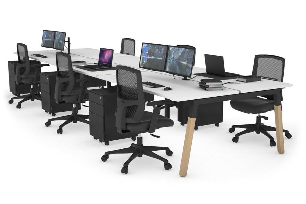 Quadro A Legs 6 Person Office Workstation - Wood Legs Cross Beam [1400L x 700W]-black leg white none