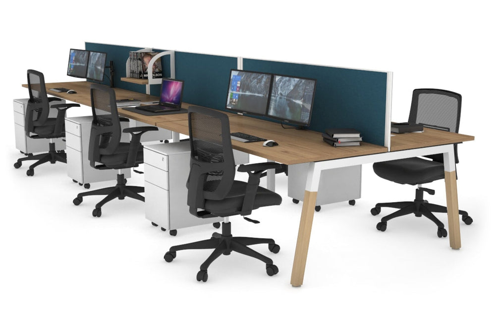 Quadro A Legs 6 Person Office Workstation - Wood Legs Cross Beam [1400L x 700W]-white leg salvage oak deep blue (500H x 1400W)