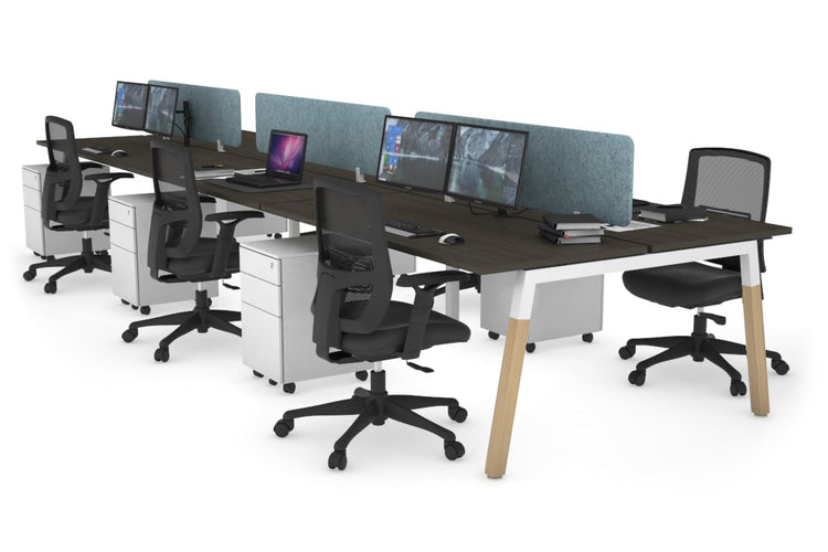 Quadro A Leg 6 Person Office Workstations - Wood Leg Cross Beam [1400L x 700W] Jasonl white leg dark oak blue echo panel (400H x 1200W)