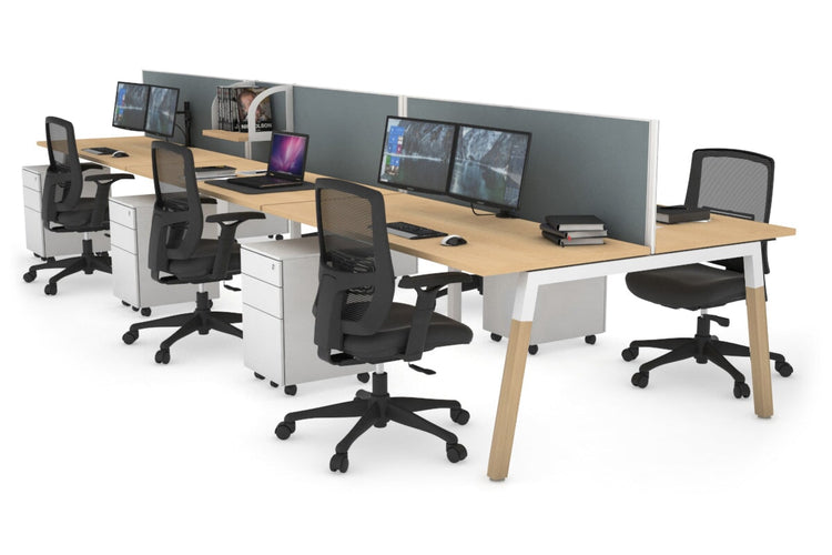 Quadro A Leg 6 Person Office Workstations - Wood Leg Cross Beam [1400L x 700W] Jasonl white leg maple cool grey (500H x 1400W)