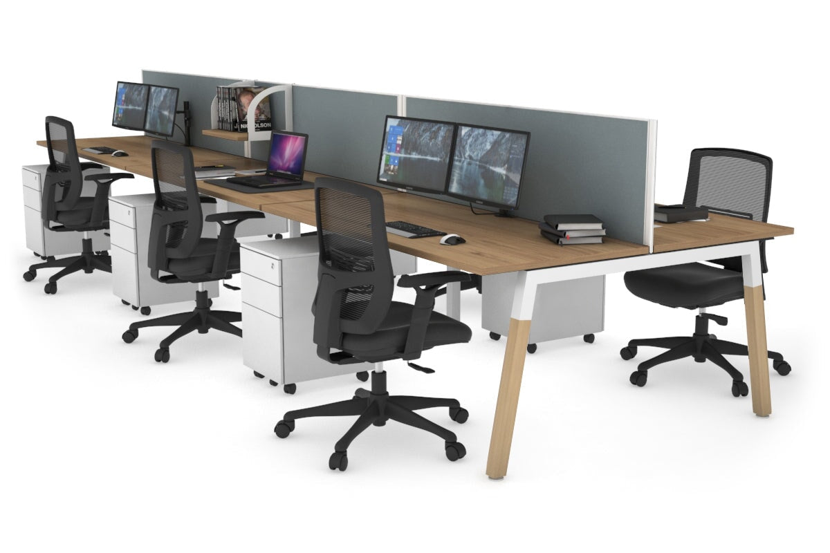 Quadro A Leg 6 Person Office Workstations - Wood Leg Cross Beam [1400L x 700W] Jasonl white leg salvage oak cool grey (500H x 1400W)