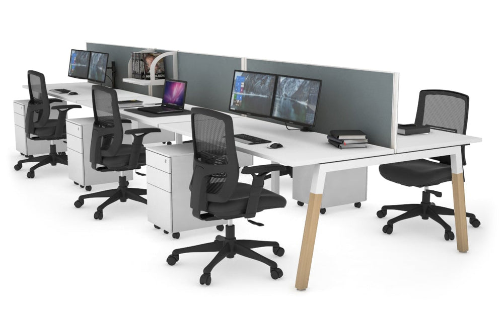 Quadro A Legs 6 Person Office Workstation - Wood Legs Cross Beam [1400L x 700W]-white leg white cool grey (500H x 1400W)