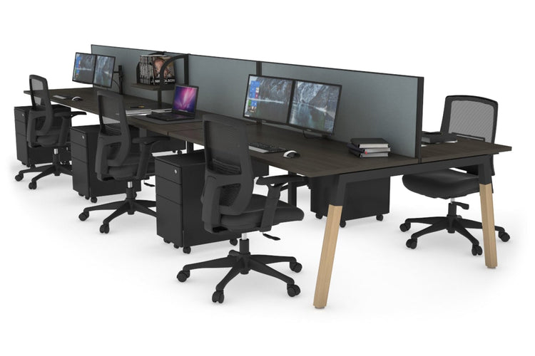 Quadro A Leg 6 Person Office Workstations - Wood Leg Cross Beam [1400L x 700W] Jasonl black leg dark oak cool grey (500H x 1400W)