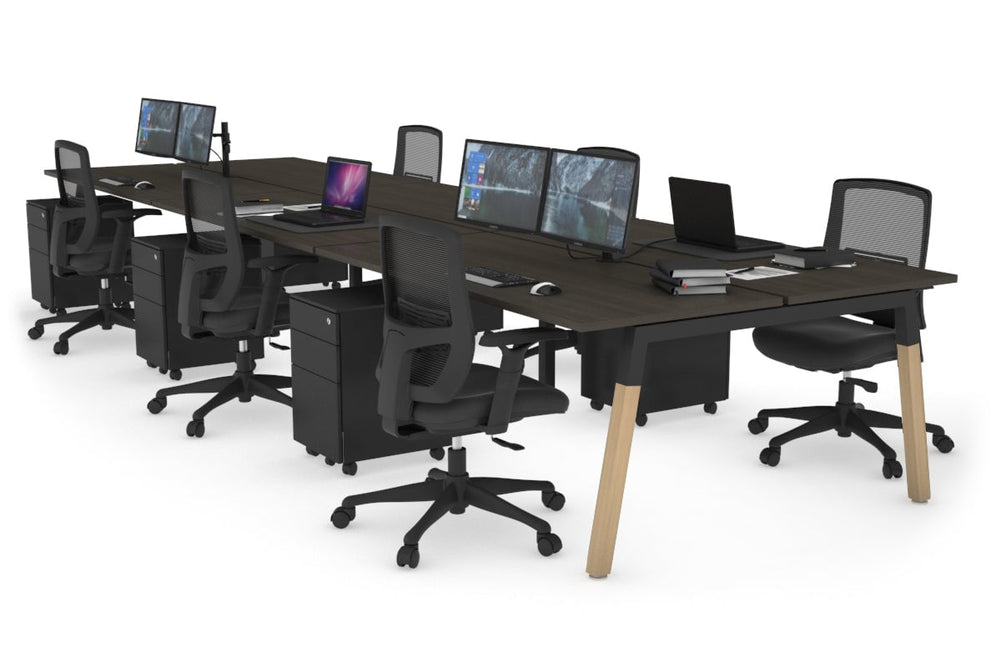 Quadro A Legs 6 Person Office Workstation - Wood Legs Cross Beam [1400L x 700W]-black leg dark oak none