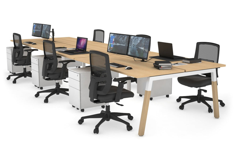Quadro A Legs 6 Person Office Workstation - Wood Legs Cross Beam [1400L x 700W]-white leg maple none