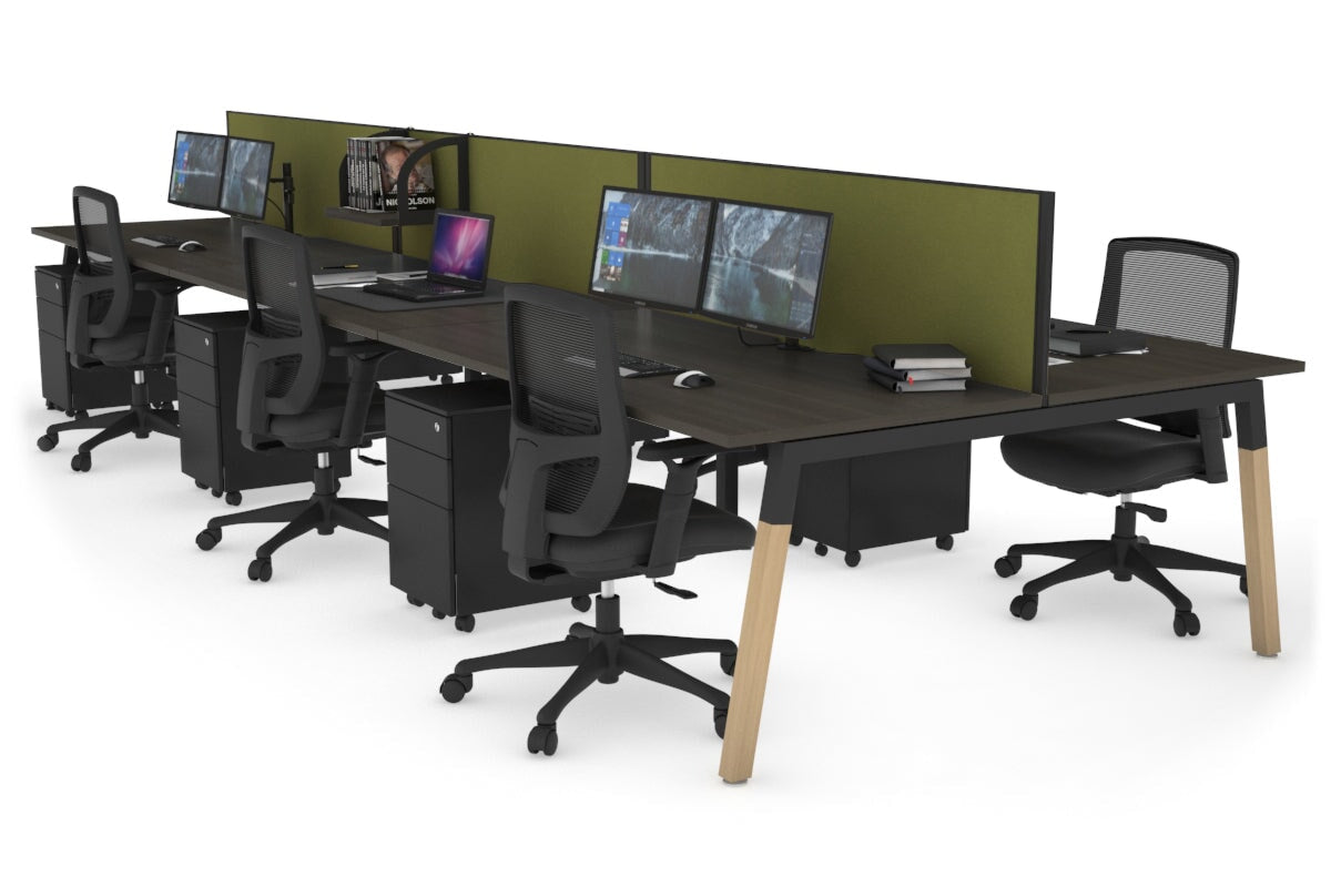 Quadro A Leg 6 Person Office Workstations - Wood Leg Cross Beam [1400L x 800W with Cable Scallop] Jasonl black leg dark oak green moss (500H x 1400W)