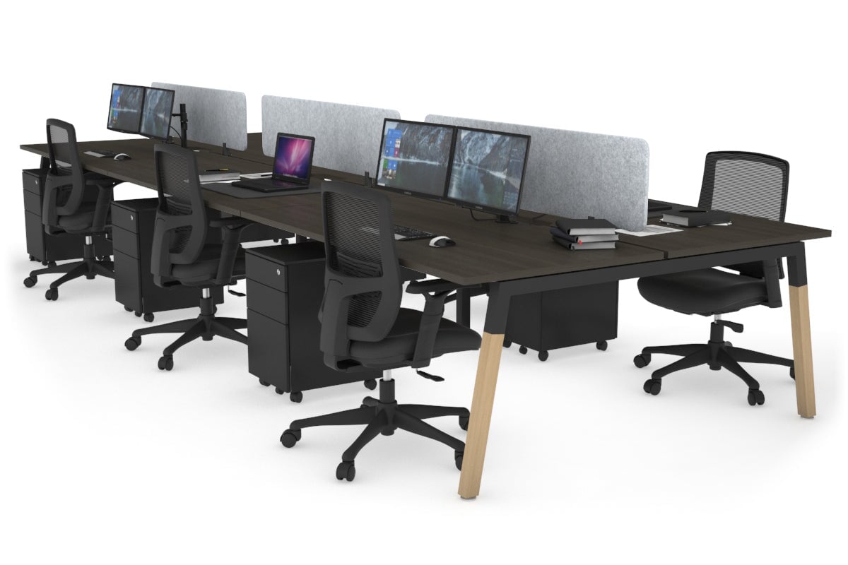 Quadro A Leg 6 Person Office Workstations - Wood Leg Cross Beam [1400L x 800W with Cable Scallop] Jasonl black leg dark oak light grey echo panel (400H x 1200W)