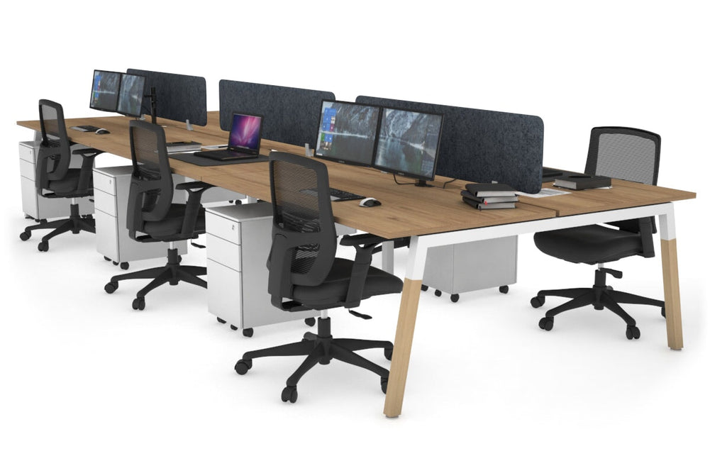 Quadro A Legs 6 Person Office Workstation - Wood Legs Cross Beam [1400L x 800W with Cable Scallop]-white leg salvage oak dark grey acoustic panel (400H x 1200W)
