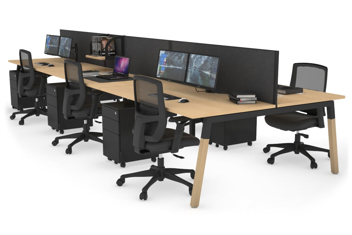 Quadro A Leg 6 Person Office Workstations - Wood Leg Cross Beam [1400L x 800W with Cable Scallop] Jasonl black leg maple moody charcoal (500H x 1400W)