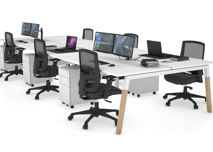 Quadro A Leg 6 Person Office Workstations - Wood Leg Cross Beam [1400L x 800W with Cable Scallop] Jasonl white leg white none