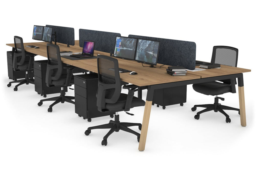 Quadro A Legs 6 Person Office Workstation - Wood Legs Cross Beam [1400L x 800W with Cable Scallop]-black leg salvage oak dark grey acoustic panel (400H x 1200W)
