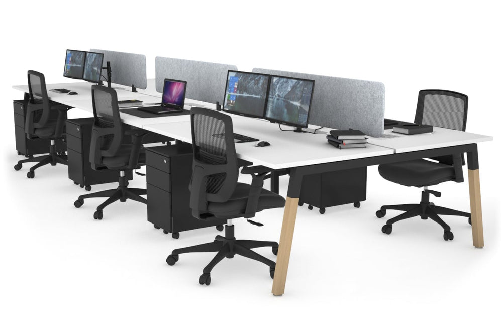 Quadro A Legs 6 Person Office Workstation - Wood Legs Cross Beam [1400L x 800W with Cable Scallop]-black leg white light grey acoustic panel (400H x 1200W)