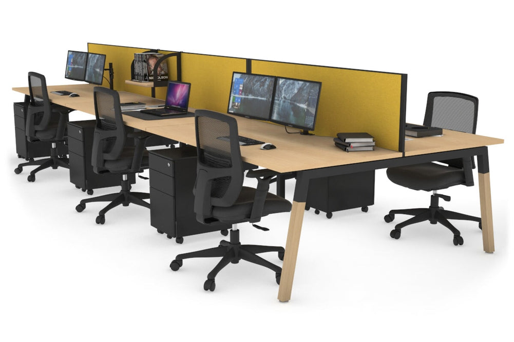Quadro A Legs 6 Person Office Workstation - Wood Legs Cross Beam [1400L x 800W with Cable Scallop]-black leg maple mustard yellow (500H x 1400W)