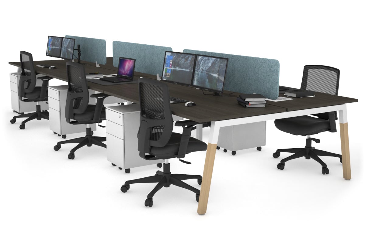 Quadro A Leg 6 Person Office Workstations - Wood Leg Cross Beam [1400L x 800W with Cable Scallop] Jasonl white leg dark oak blue echo panel (400H x 1200W)