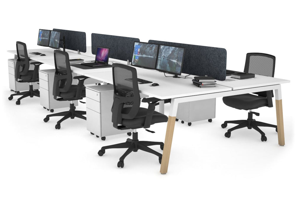 Quadro A Legs 6 Person Office Workstation - Wood Legs Cross Beam [1400L x 800W with Cable Scallop]-white leg white dark grey acoustic panel (400H x 1200W)