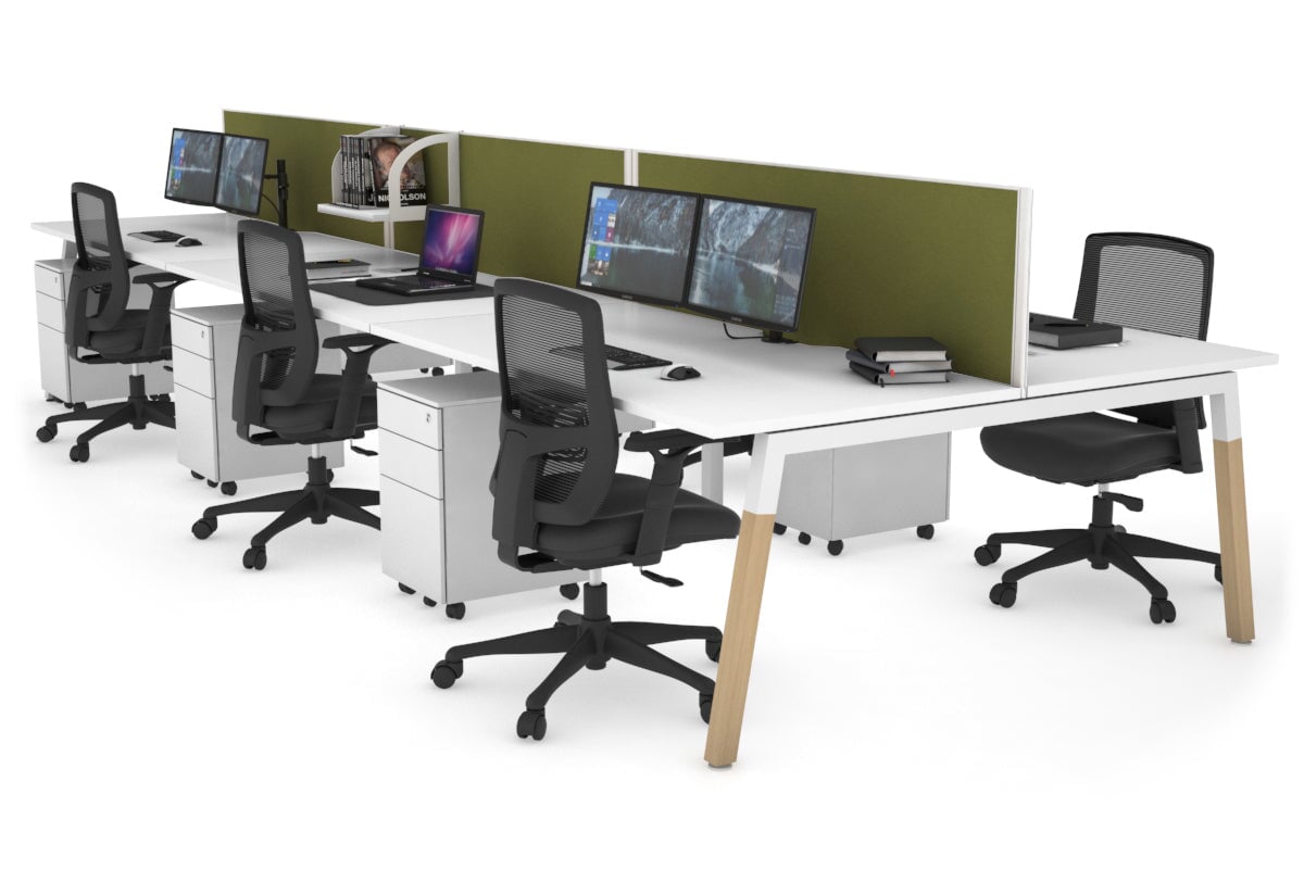 Quadro A Leg 6 Person Office Workstations - Wood Leg Cross Beam [1400L x 800W with Cable Scallop] Jasonl white leg white green moss (500H x 1400W)