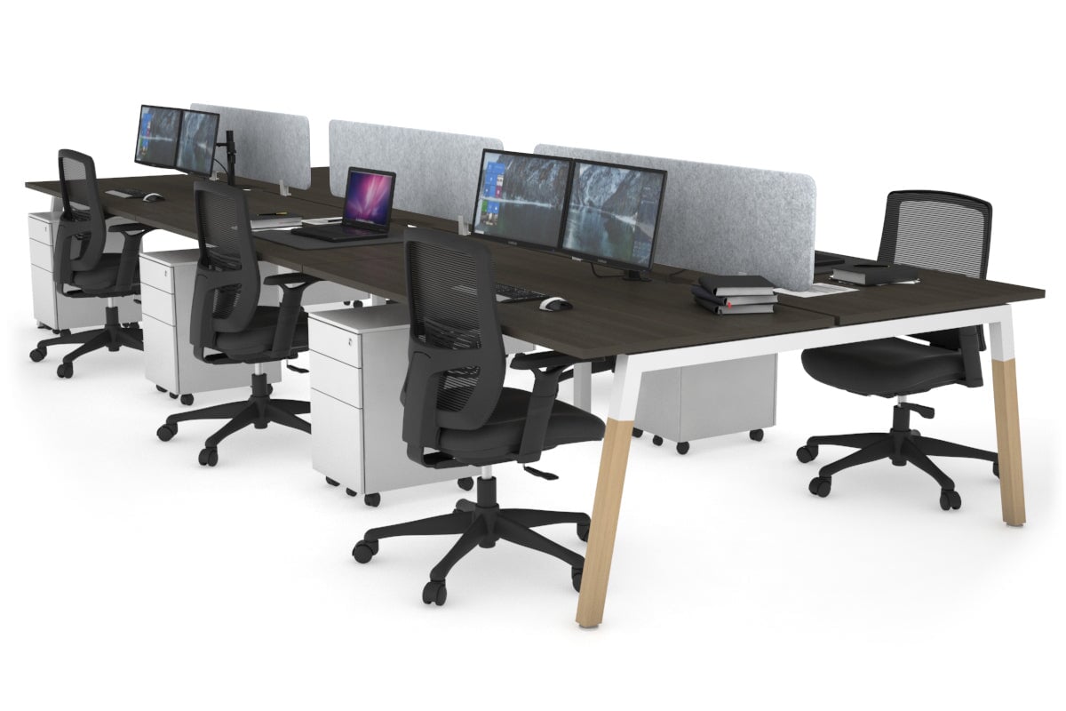 Quadro A Leg 6 Person Office Workstations - Wood Leg Cross Beam [1400L x 800W with Cable Scallop] Jasonl white leg dark oak light grey echo panel (400H x 1200W)
