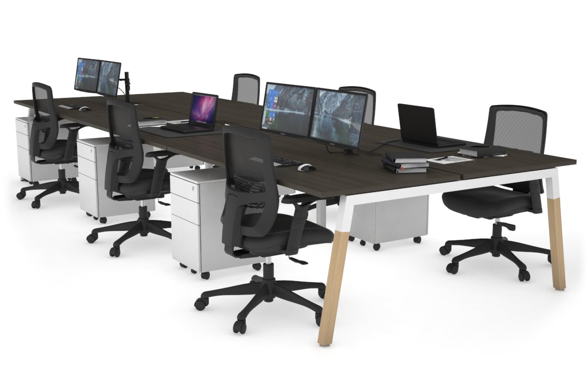 Quadro A Leg 6 Person Office Workstations - Wood Leg Cross Beam [1400L x 800W with Cable Scallop] Jasonl white leg dark oak none