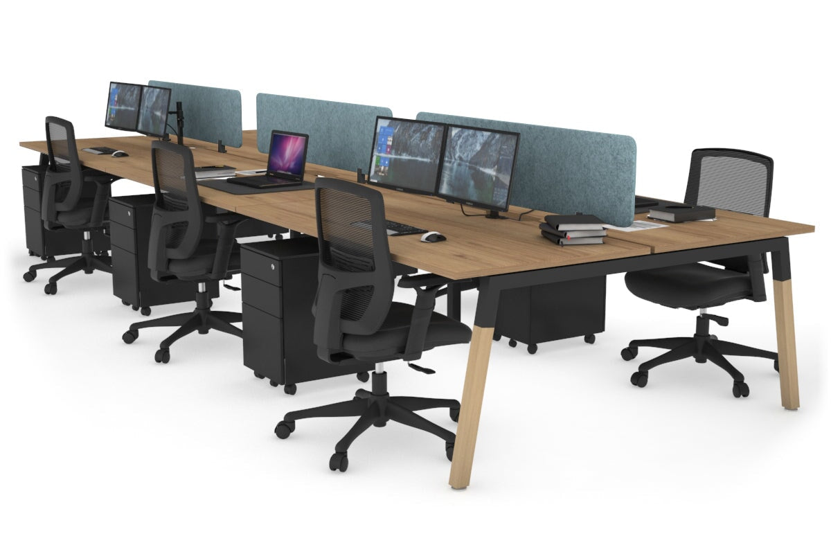 Quadro A Leg 6 Person Office Workstations - Wood Leg Cross Beam [1400L x 800W with Cable Scallop] Jasonl black leg salvage oak blue echo panel (400H x 1200W)