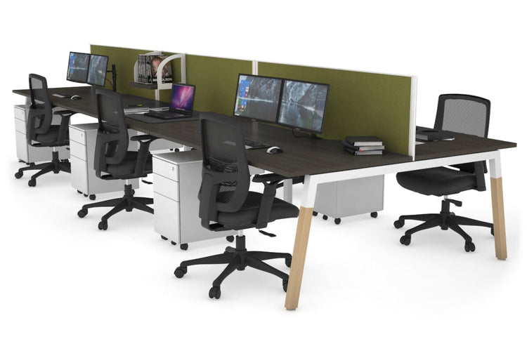 Quadro A Leg 6 Person Office Workstations - Wood Leg Cross Beam [1400L x 800W with Cable Scallop] Jasonl white leg dark oak green moss (500H x 1400W)