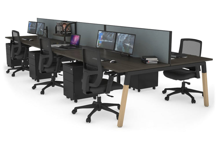 Quadro A Leg 6 Person Office Workstations - Wood Leg Cross Beam [1400L x 800W with Cable Scallop] Jasonl black leg dark oak cool grey (500H x 1400W)