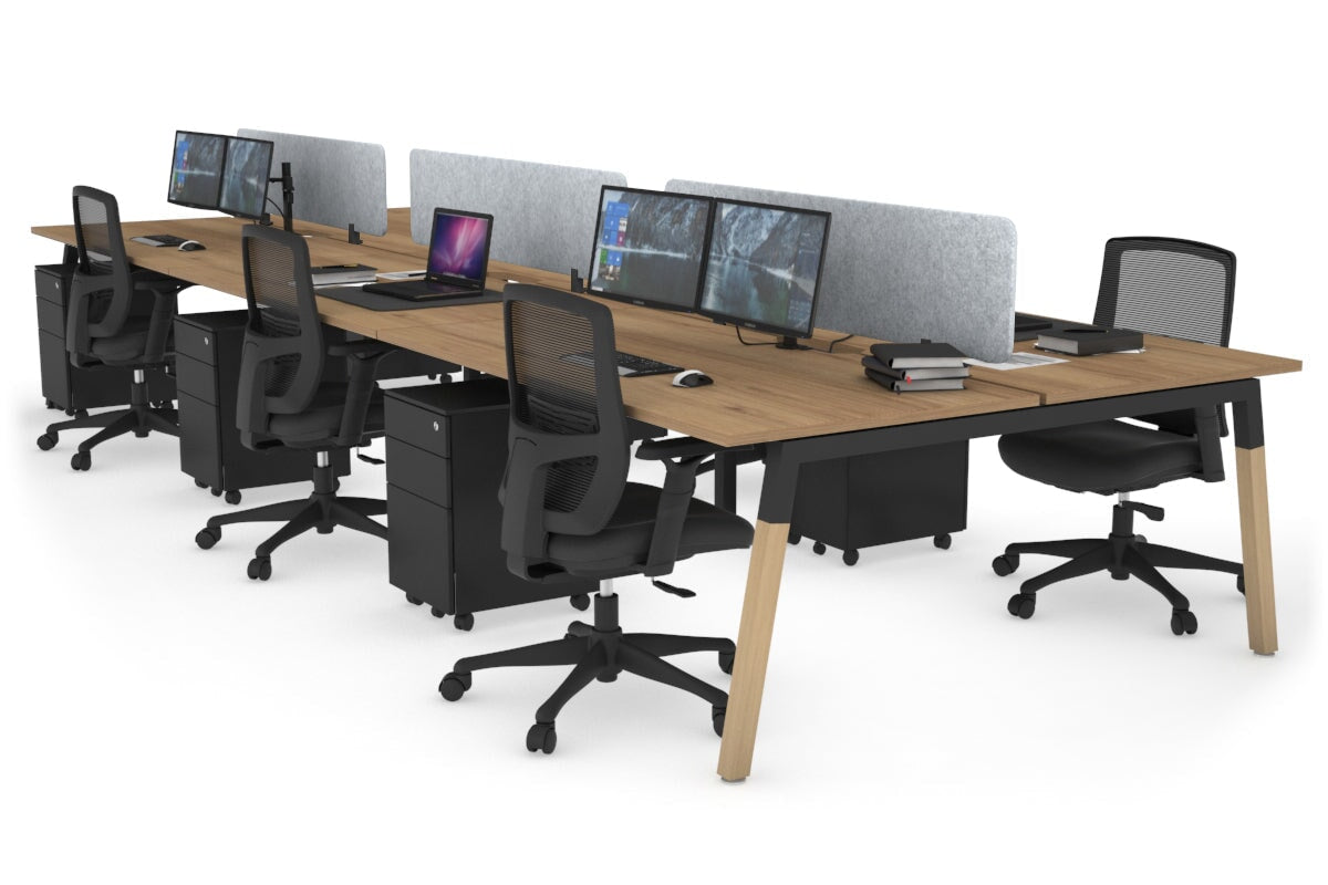 Quadro A Leg 6 Person Office Workstations - Wood Leg Cross Beam [1400L x 800W with Cable Scallop] Jasonl black leg salvage oak light grey echo panel (400H x 1200W)