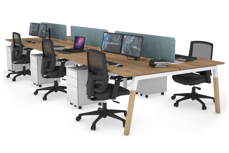 Quadro A Leg 6 Person Office Workstations - Wood Leg Cross Beam [1400L x 800W with Cable Scallop] Jasonl white leg salvage oak blue echo panel (400H x 1200W)